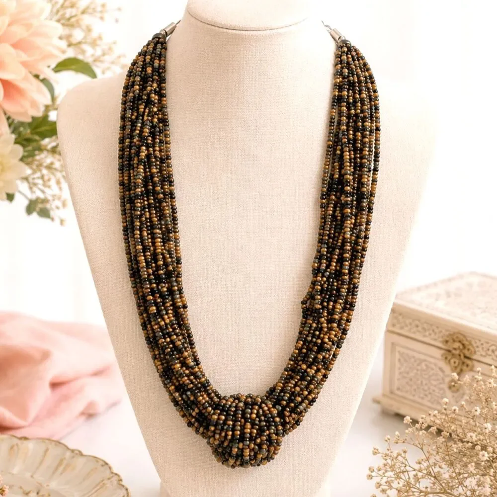 Vintage Earth Tone Seed Bead Multi Strand Necklace Large Knot Boho 24